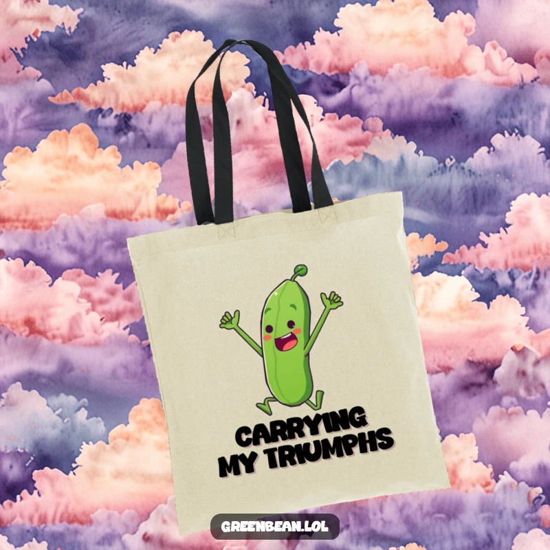 Funny Tote Bag featuring a determined green bean character doing a triumphant leap, perfect for carrying items with celebratory humor, a fantastic funny gift.