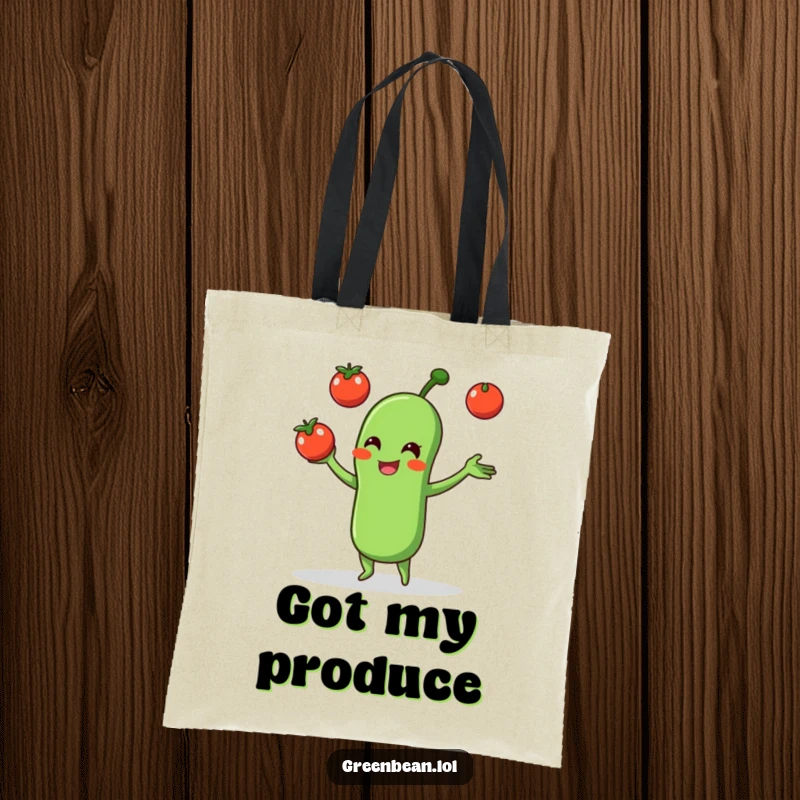 Funny tote bag featuring a green bean character juggling tomatoes, ideal for shopping with a smile.