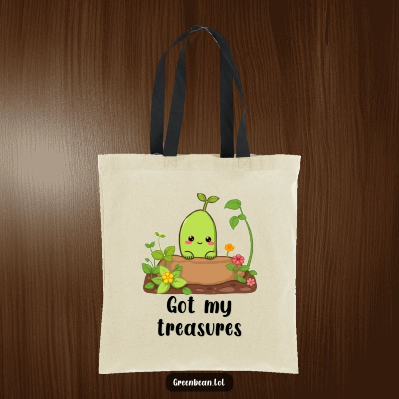 Funny tote bag with a green bean peeking from a garden bed. Humorous and practical accessory for garden lovers.