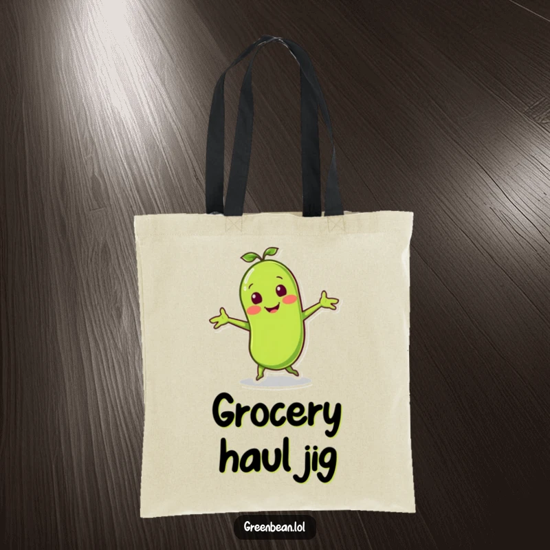 Funny tote bag depicting a smiling green bean character doing a lively jig with arms outstretched, perfect for shopping and daily use.