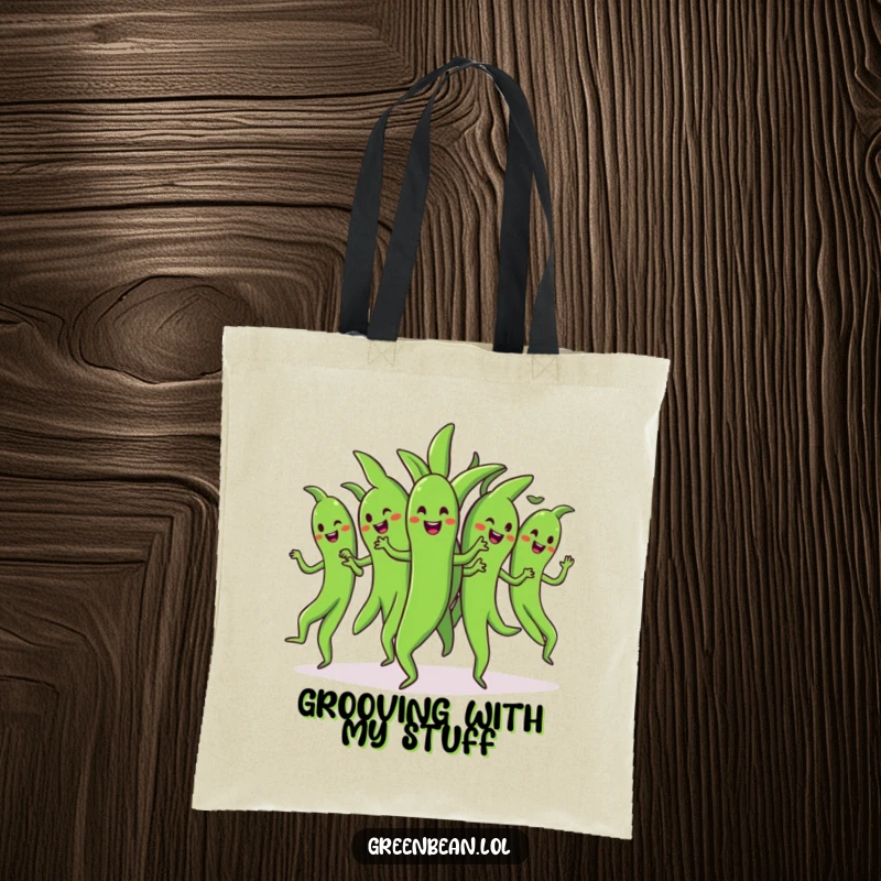 Funny dancing green beans tote bag showing a bunch of cheerful green beans performing a synchronized dance, perfect for carrying items with group humor.