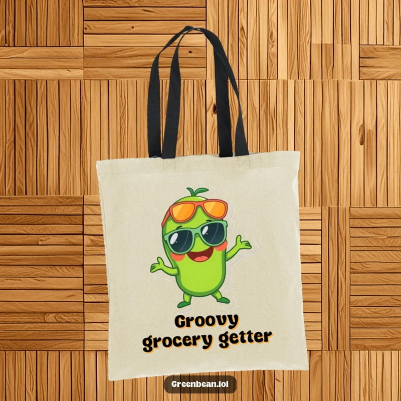 Funny tote bag with a laughing green bean in big sunglasses doing a disco pose, perfect for carrying fun.