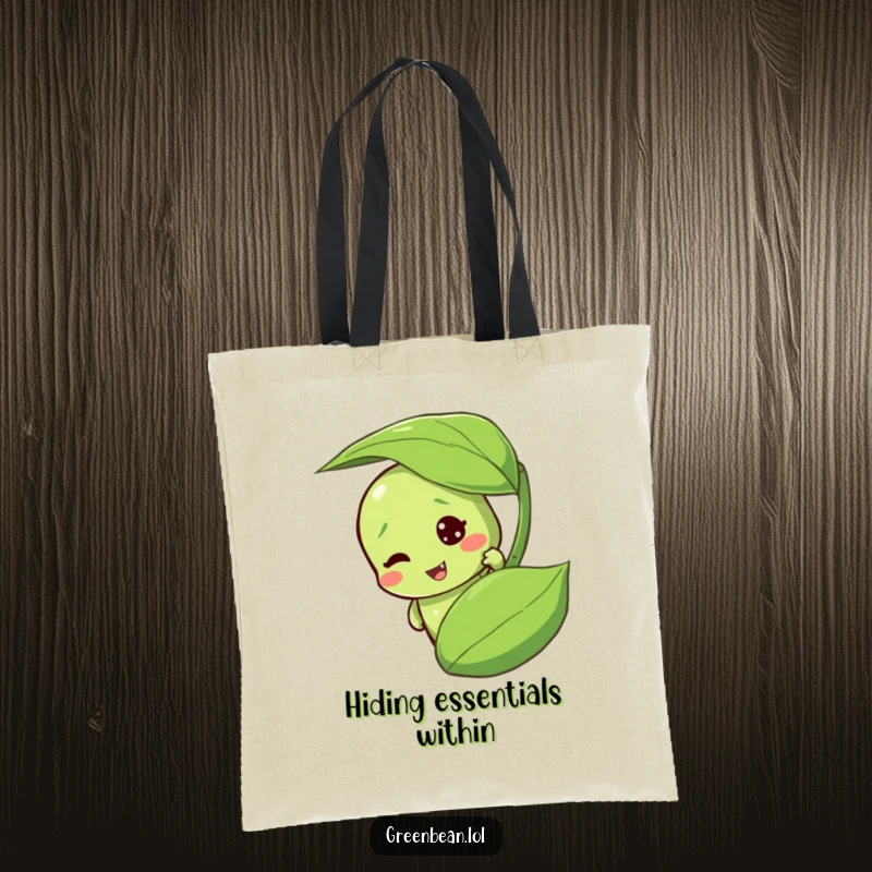 Funny green bean tote bag with a mischievous character peeking playfully from foliage. A humorous and useful bag.