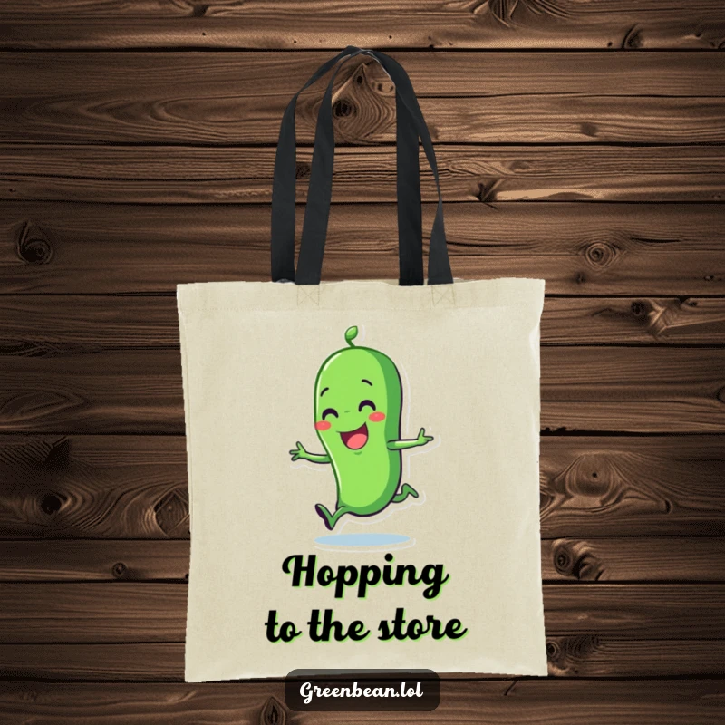 Funny happy green bean tote bag with a character doing a delightful hop. A cheerful and useful bag.