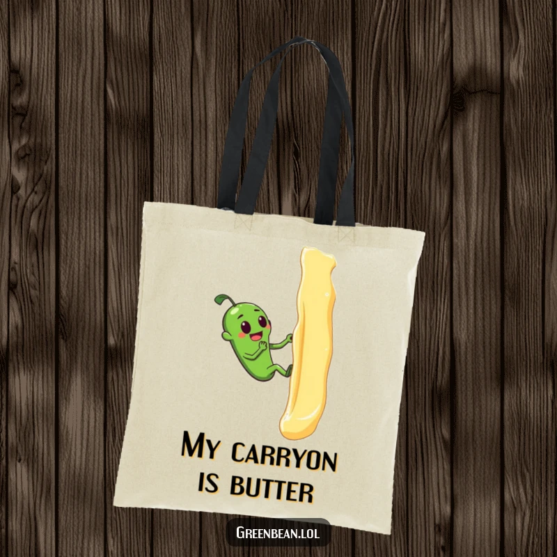 Funny tote bag showing a green bean's comical struggle to climb a butter wall, a relatable and humorous design.