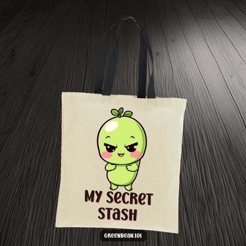 Funny tote bag with a playful green bean character giving a sly wink, perfect for stylish and humorous carrying.