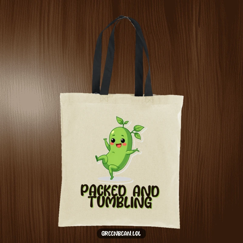Funny tote bag depicting a cheerful green bean doing a cartwheel with leafy tops trailing, ideal for shopping.