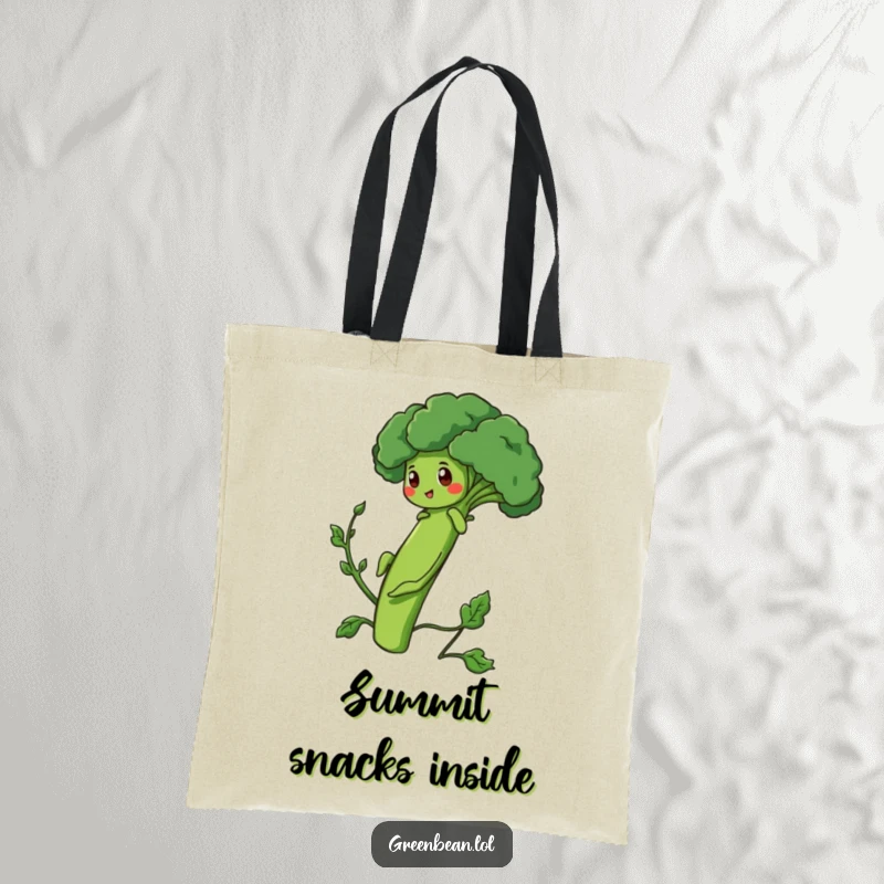 Funny Tote Bag showing a determined green bean character climbing a broccoli stalk, a symbol of ambition.